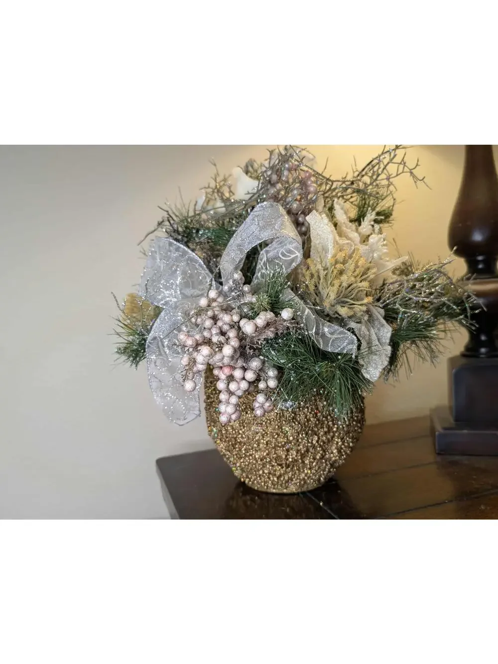 Christmas Fall Floral Arrangement Dining Home Centerpiece Gold Beaded Silver